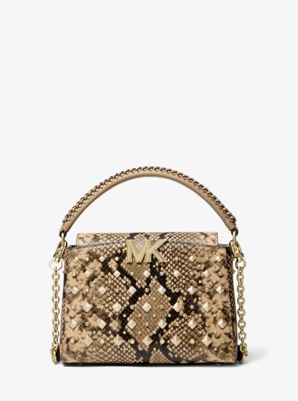 Damske Spojková Taška Michael Kors Karlie Small Studded Snake Embossed Leather Hnede - Kabelky Michael Kors Outlet | OKNTY-6534